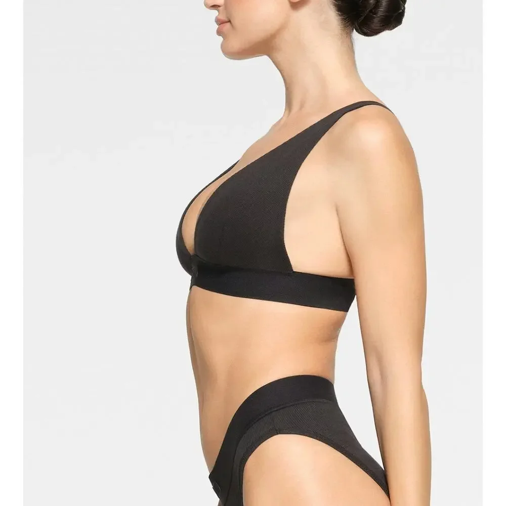 Skims Cotton Rib PLUNGE BRALETTE NWT Black Size 2x - Picture 2 of 8